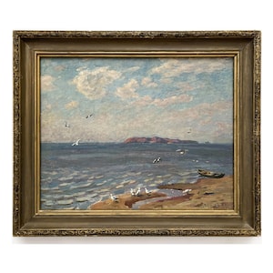 Vintage framed original oil painting on canvas by Ukraine artist O.Solodovnikov 1984 Sea landscape Seashore, Beach, Coastline view, Seagulls