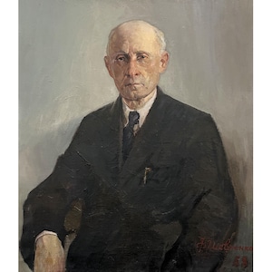May include: Oil painting portrait of a seated, older man with a bald head, wearing a dark suit, white shirt, and tie. The painting has a muted colour palette with a light grey background. A pen is in the suit pocket.
