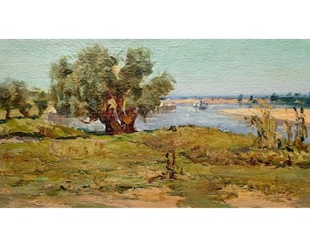 DESNA RIVER LANDSCAPE Mid century original oil small painting by Ukraine artist A.Shkurko, 1950s, Summer, Trees, Riverbank, Riverscape, Ship