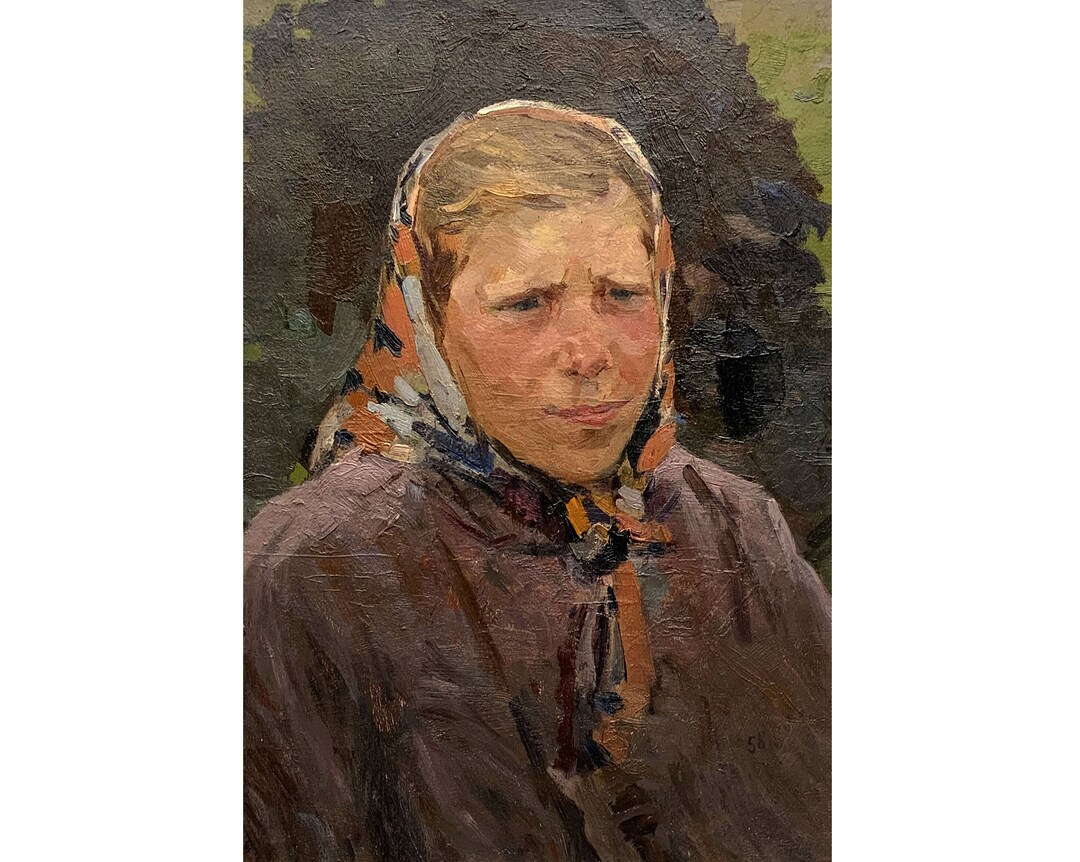Mid Century Original Oil Painting Antique Portrait of a Girl by Soviet ...