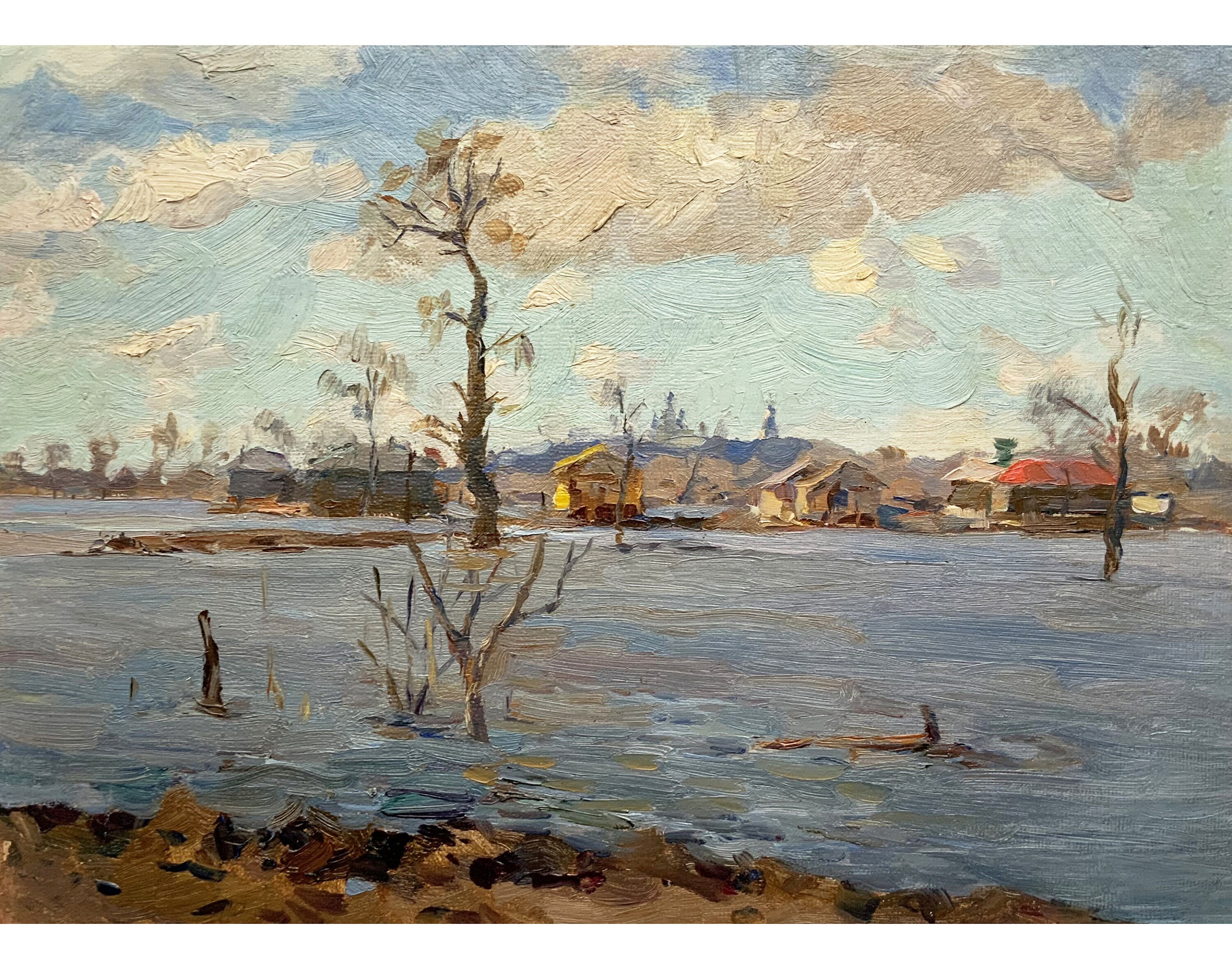 Antique original oil painting River landscape by Ukrainian artist A.Shkurko 1958, Spring flood, Trees, Riverbank, Riverscape, Clouds, Nature