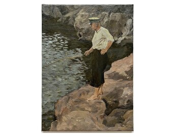 Antique original oil painting on canvas by Ukrainian artist I.Sinepolsky 1960s, Fishing, Portrait of a fisherman with a fishing rod on shore