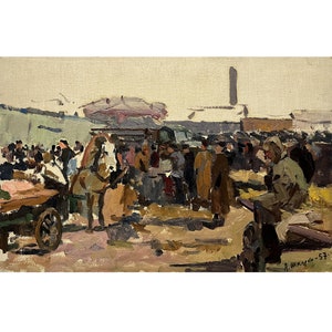 Antikes original Ölgemälde vom Ukrainischen Künstler A.Shkurko 1957, Basar im Dorf Bobrovytsia, Pferd und Wagen, Menschen am Basar