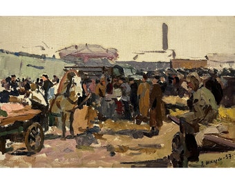 Antique original oil painting by Ukrainian artist A.Shkurko 1957, Bazaar in the village of Bobrovytsia, Horse and cart, People at the bazaar
