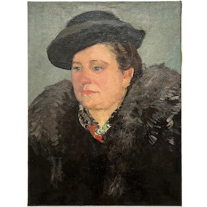 Mid century original oil painting on canvas Antique portrait of a woman by Ukraine artist N.Volkova 1950s Portrait wall art, Female portrait