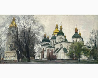 Pintura al óleo original de época sobre lienzo. Paisaje de iglesia del artista ucraniano V. Belyak, década de 1970. Arte mural. Catedral de Santa Sofía, casco antiguo, paisaje urbano.