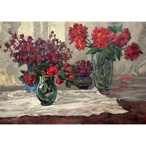 Pintura al óleo original vintage "Bodegón" del artista ucraniano N. Zaruba, década de 1960, Arte mural, Flores rojas en un jarrón, Pintura floral