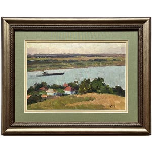 Pintura al óleo original vintage enmarcada Paisaje fluvial del artista ucraniano S. Livshits, década de 1960, Pueblo en la orilla del río, Casa de campo, Paisaje fluvial