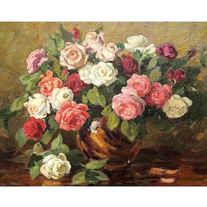 Vintage original oil painting Still life with roses by Ukrainian artist O.Solodovnikov, Roses in vase, Floral still life, Flowers painting