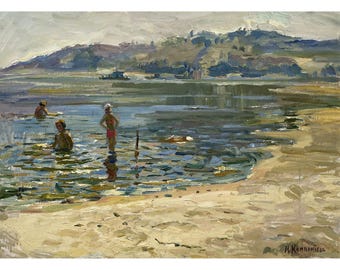 Antique original oil painting River landscape by Ukrainian artist N.Kompaniets, 1960s, Summer, Riverscape, Beach, Riverbank, People, Nature