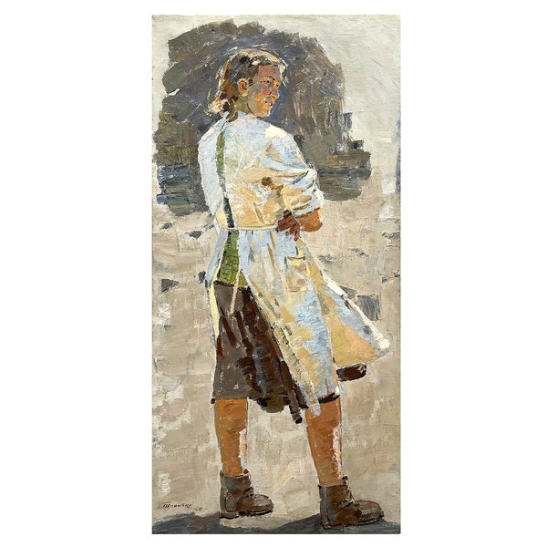 Antique original oil painting on canvas Portrait of a farm worker by Ukrainian artist G.Shponko, 1960s, Portrait of a woman, Female portrait