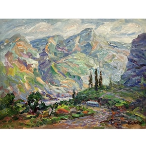 Vintage original oil painting on canvas Mountain landscape by Ukrainian artist A.Fomin 1970s, Wall art, Road in the mountains, Trees, Nature