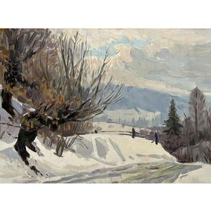 Antique original oil painting Winter landscape by Ukraine artist Z.Volkovinskaya, 1960s, Wall art, Snow, Mountains landscape, Trees, Nature