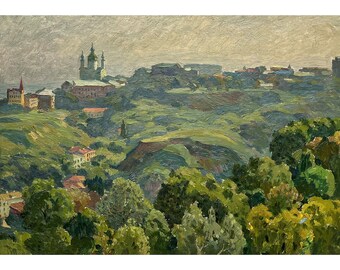 Vintage original oil painting Kyiv landscape by Ukraine artist A.Solodovnikov, Summer, Park landscape, Andriivsky Church, Andriivsky Descent