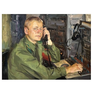 Retrato al óleo original vintage del artista ucraniano S. Polyakov, pintura de la década de 1980, Retrato de un operador de radio, Retrato de un hombre, Retrato masculino