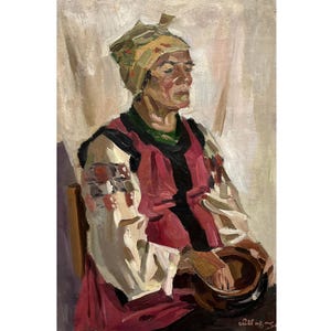 Vintage double-sided original oil painting by Ukraine artist O.Nazarenko 1980s, Portrait of a milkmaid, Portrait of a woman, Female portrait