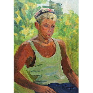 Pintura al óleo original antigua Retrato de niño del artista ucraniano N.Zaruba, 1967, Arte mural de retrato, Retrato de hombre joven, Pintura de un niño
