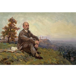 Pintura al óleo original de mediados de siglo del artista ucraniano A. Shkurko 1958, Figura de un hombre sentado en una colina, Retrato masculino, Paisaje de parque, Naturaleza