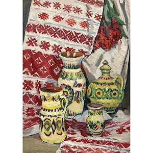 Pintura al óleo original vintage del artista ucraniano V. Shepetovsky, década de 1970, arte mural, bodegón ucraniano con platos de cerámica, toallas bordadas