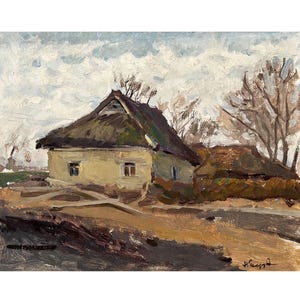 Antike originale Ölgemälde Dorflandschaft vom Ukrainischen Künstler N.Zaruba, 1960er Jahre, Landschaftsansicht, Ländliche Landschaft, Bauernhausmalerei