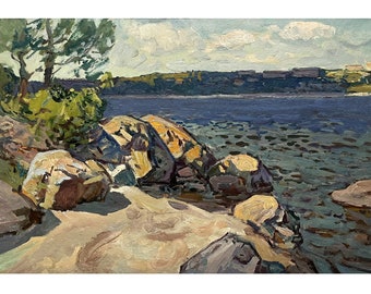 Antique original oil painting Dnipro river landscape by Ukrainian artist V.Gaiduk, 1960s, Riverbank, Stones on the shore, Trees, Riverscape