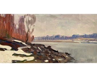 FLUSSMALEREI Vintage original Ölgemälde des ukrainischen Künstlers I.Tyukha 1960er Jahre, Schnee, Flussufer, Flusslandschaftsmalerei, Landschaftswandkunstwerk