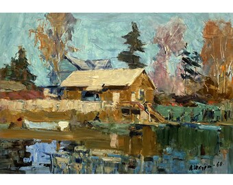 Antique original oil painting by Ukraine artist A.Shkurko, 1960, Wall art work, House on the river bank, Spring river landscape, Riverscape