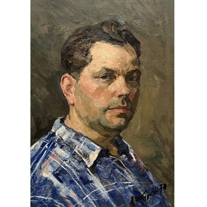 Autorretrato del artista ucraniano Anatoly Shkurko, pintura al óleo original antigua, 1970, retrato de un artista, retrato de un hombre, retrato masculino