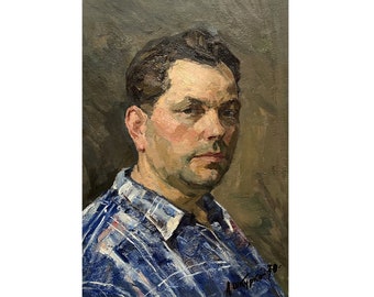 Self-portrait of Ukraine artist Anatoly Shkurko, Antique original oil painting, 1970, Portrait of a artist, Portrait of a man, Male portrait