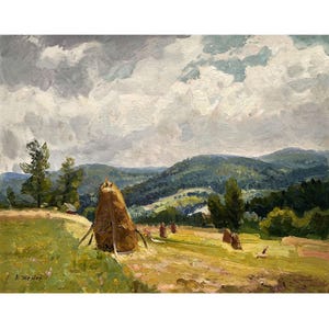 Vintage original oil painting Mountains landscape by Ukraine artist by A. Zhezher 1980s Summer, Meadows, Haystacks, Nature, Clouds, Skyscape