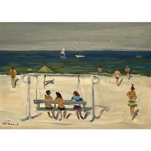 Vintage original oil painting Summer seascape by Ukraine artist Demydenko, Wall art, Coastal view, Seashore, Beachgoers, People on the beach