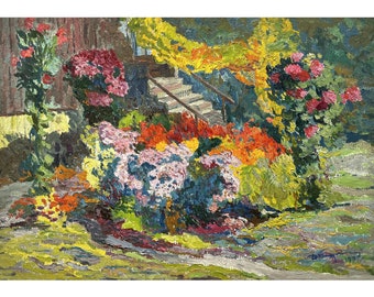 Vintage impressionist original oil painting Summer landscape by Ukraine artist D.Bednoshey 1977, Flowers in the garden, Floral wall art work