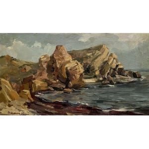 Mid century original oil painting on canvas Seascape by Ukrainian artist V.Iskam 1957, Wall art, Sea landscape, Seashore, Rocky shore, Beach