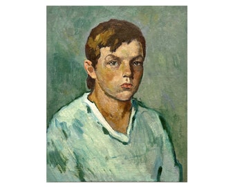 Vintage original oil painting Portrait of a boy by Ukraine artist A.Shkurko, 1991, Portrait wall art work, Portrait of the artist's grandson