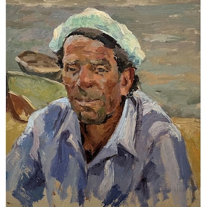 Pintura al óleo original vintage Retrato de un pescador del artista ucraniano O.Olkhov 1979, Arte mural de retrato, Retrato de un hombre, Retrato masculino