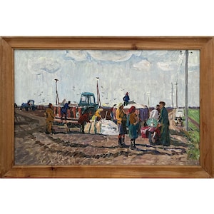 Pintura al óleo original de género vintage enmarcada Paisaje de campo del artista ucraniano V.Kolesnik, 1978, Siembra de primavera en el campo, Trabajadores agrícolas, Tractor