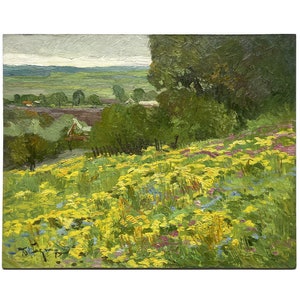 Vintage original oil painting Summer meadows landscape by Ukraine artist D.Bednoshey, 1980s, Blooming meadow, Nature, Impressionist wall art