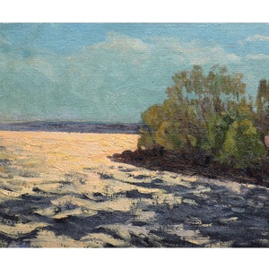Pintura al óleo original vintage Paisaje marino del artista ucraniano V. Vlasov, 1985, Paisaje marino al atardecer, Costa al atardecer, Obra de arte mural impresionista