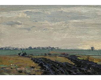 Mid century original oil painting Evening field landscape by Ukrainian artist Kolesnik, 1949, Rustic wall decor, Countryside view, Plowing