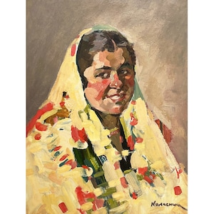 Mid century original oil painting Antique portrait of a girl by Ukraine artist V.Kolesnik 1957 Wall Art Portrait of a woman, Female portrait