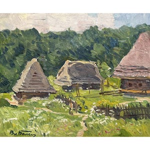 Vintage Original Ölgemälde Sommerdorf Landschaft des Ukrainischen Künstlers V.Belyak, 1970, Ländliche Landschaft, Landschaftsansicht, alte Bauernhäuser