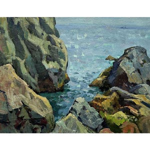 Vintage original oil painting Seascape by Ukraine artist V.Korobov, 1960s, Wall art, Sea landscape, Seashore, Rocky shore, Seafront painting