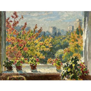 Vintage origineel olieverfschilderij van de Oekraïense kunstenaar O.Solodovnikov jaren 70 kunst aan de muur, kamerplanten in potten, vensterbank van het appartement van de kunstenaar
