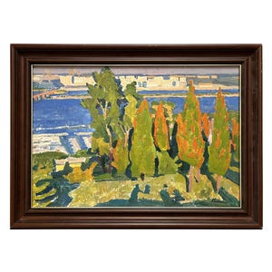 Pintura al óleo original vintage enmarcada del artista ucraniano V.A.Kolesnik 1977, paisaje del jardín botánico de Kiev, estación de barcos en el río, paisaje fluvial