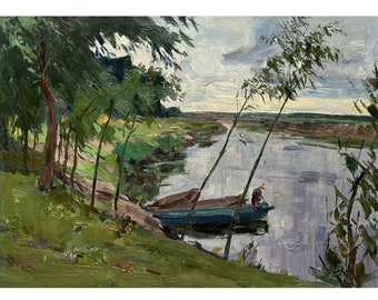 Antique impressionist original oil painting River landscape by Ukrainian artist A.Shkurko 1960, Riverscape painting, Boats, Riverbank, Trees