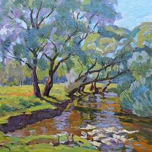 VINTAGE IMPRESSIONIST LANDSCAPE Original oil painting by Soviet Ukrainian artist V.Kolesnik 1973, Riverscape, Waterscape, Geese on the shore