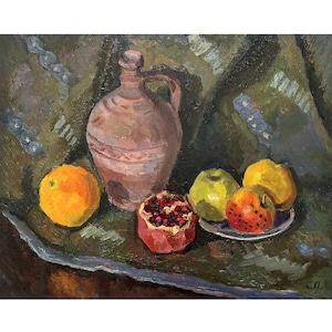 Pintura a óleo original vintage Natureza morta com frutas do artista ucraniano S.Livshits, década de 1970 Arte de parede Natureza morta com jarro, romã e maçãs