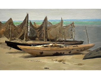 Mid century original oil painting by Ukrainian artist G.Voloshin, 1953, Boats on the river, Fishing nets, River bank, Riverscape, Wall art