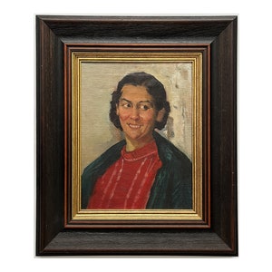 Mid century framed original oil painting on canvas Portrait of a girl by Ukrainian artist M.Baroyants, 1953, Wall art, Portrait of a woman