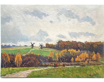 Vintage original oil painting Autumn landscape by Ukrainian artist V.Belyak, 1975, Windmills, Fall nature, Unique wall art work, 19,6"x27,6"